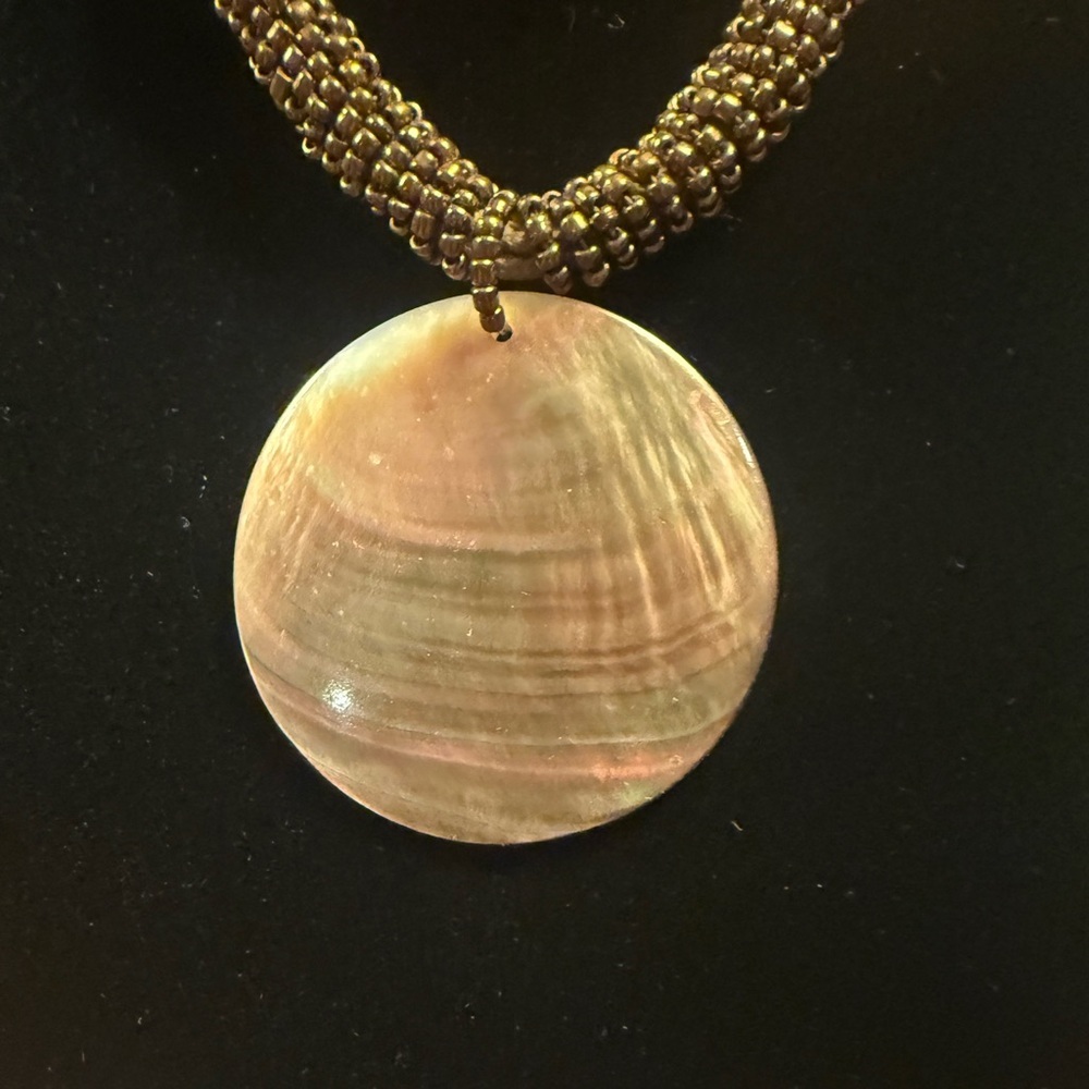 Lia Sophia Corded Bronze Beaded Necklace MOP Mother of Pearl Pendant 16” - Picture 4 of 7